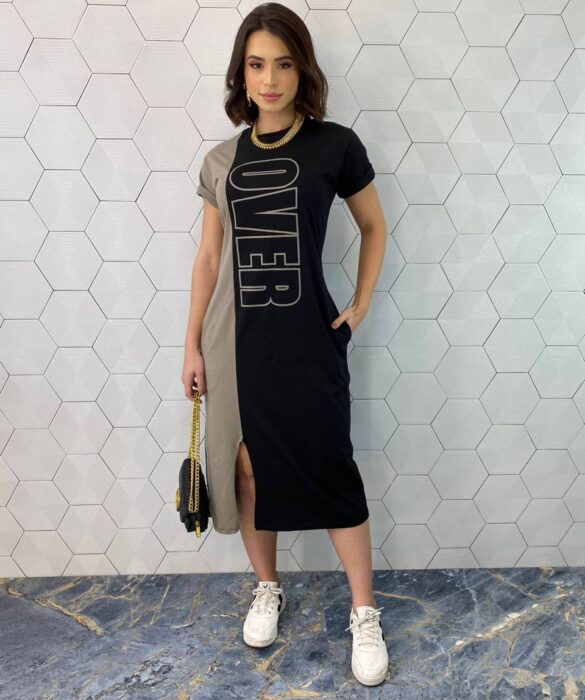 Vestido Midi Manga Curta com Bolsos Over Preto e Cinza - Fernanda Ramos Store