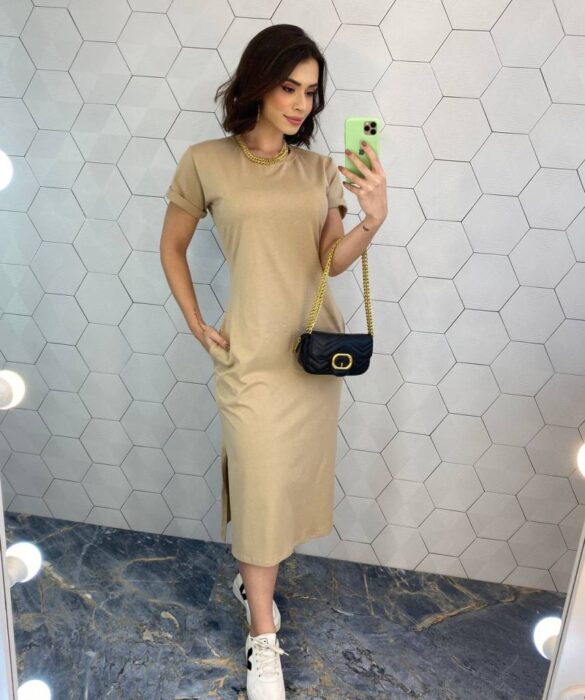 Vestido Midi Manga Curta sem Bojo com Bolsos Bege - Fernanda Ramos Store