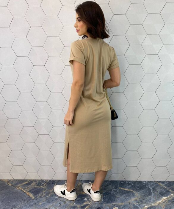 Vestido Midi Manga Curta sem Bojo com Bolsos Bege - Fernanda Ramos Store