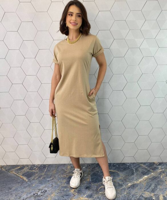 Vestido Midi Manga Curta sem Bojo com Bolsos Bege - Fernanda Ramos Store