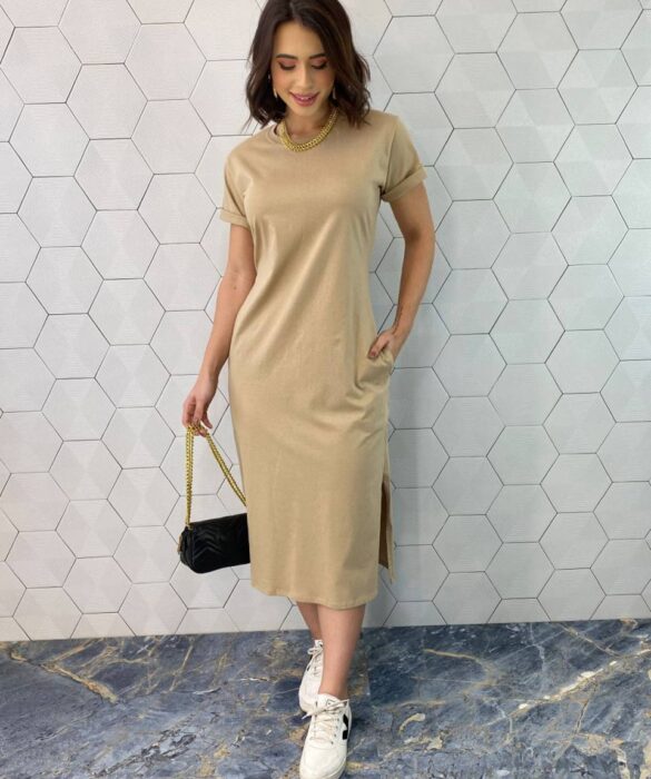 Vestido Midi Manga Curta sem Bojo com Bolsos Bege - Fernanda Ramos Store