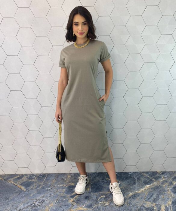 Vestido Midi Manga Curta sem Bojo com Bolsos Cinza - Fernanda Ramos Store