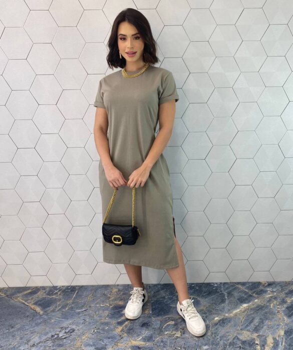 Vestido Midi Manga Curta sem Bojo com Bolsos Cinza - Fernanda Ramos Store