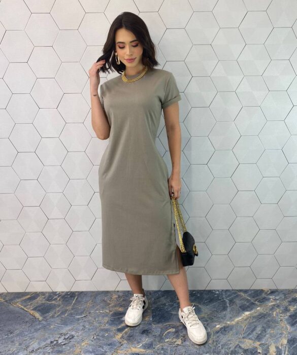 Vestido Midi Manga Curta sem Bojo com Bolsos Cinza - Fernanda Ramos Store