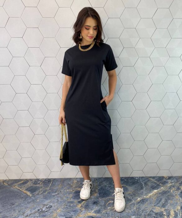 Vestido Midi Manga Curta sem Bojo com Bolsos Preto - Fernanda Ramos Store