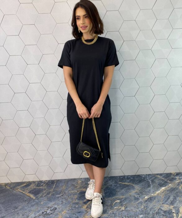 Vestido Midi Manga Curta sem Bojo com Bolsos Preto - Fernanda Ramos Store