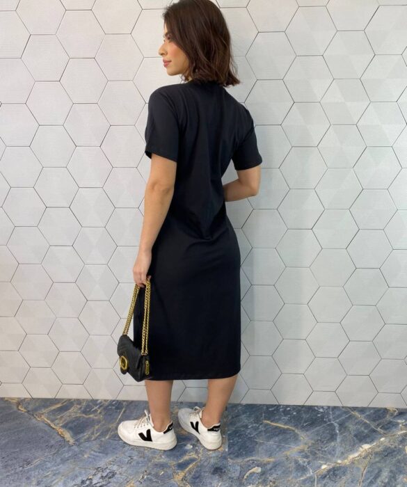 Vestido Midi Manga Curta sem Bojo com Bolsos Preto - Fernanda Ramos Store