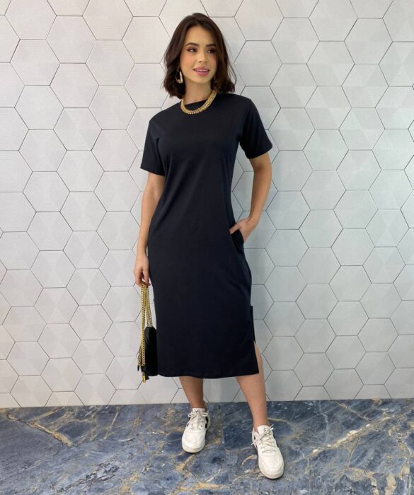 Vestido Midi Manga Curta sem Bojo com Bolsos Preto - Fernanda Ramos Store