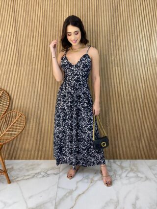 Vestido Midi sem Bojo Alças com Amarração Estampa Floral Preto - Fernanda Ramos Store