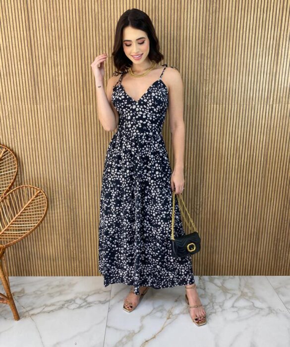 Vestido Midi sem Bojo Alças com Amarração Estampa Floral Preto - Fernanda Ramos Store