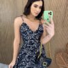 Vestido Midi sem Bojo Alças com Amarração Estampa Floral Preto - Fernanda Ramos Store