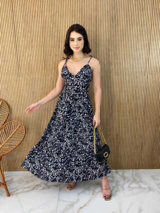 Vestido Midi sem Bojo Alças com Amarração Estampa Floral Preto - Fernanda Ramos Store