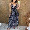 Vestido Midi sem Bojo Alças com Amarração Estampa Floral Preto - Fernanda Ramos Store