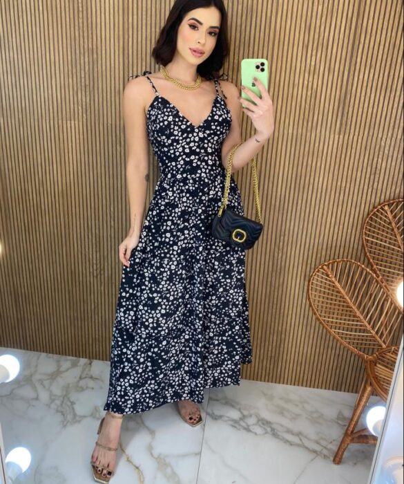 Vestido Midi sem Bojo Alças com Amarração Estampa Floral Preto - Fernanda Ramos Store