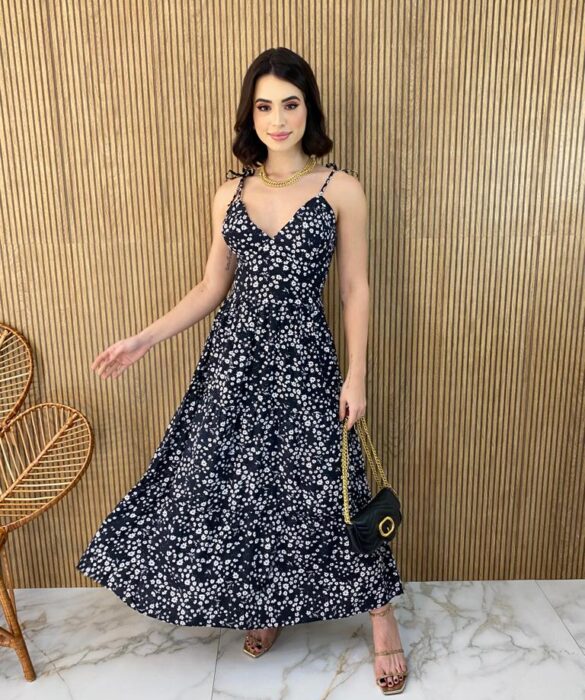 Vestido Midi sem Bojo Alças com Amarração Estampa Floral Preto - Fernanda Ramos Store