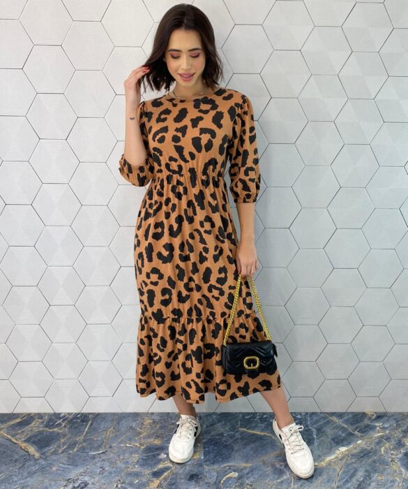 Vestido Midi sem Bojo Manga 3/4 de Malha Animal Print - Fernanda Ramos Store