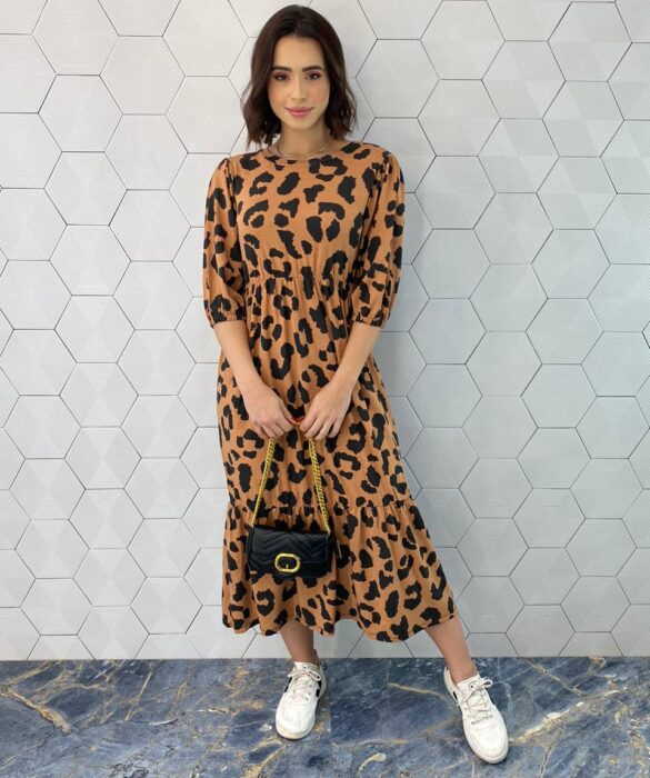 Vestido Midi sem Bojo Manga 3/4 de Malha Animal Print - Fernanda Ramos Store