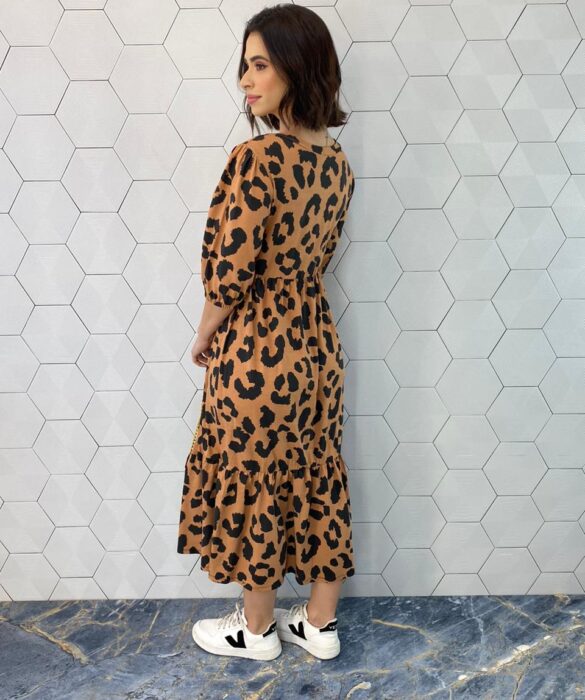 Vestido Midi sem Bojo Manga 3/4 de Malha Animal Print - Fernanda Ramos Store