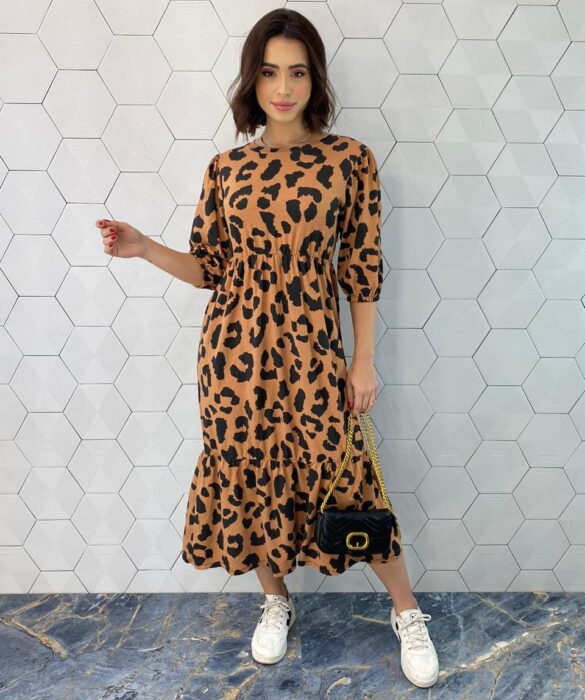 Vestido Midi sem Bojo Manga 3/4 de Malha Animal Print - Fernanda Ramos Store