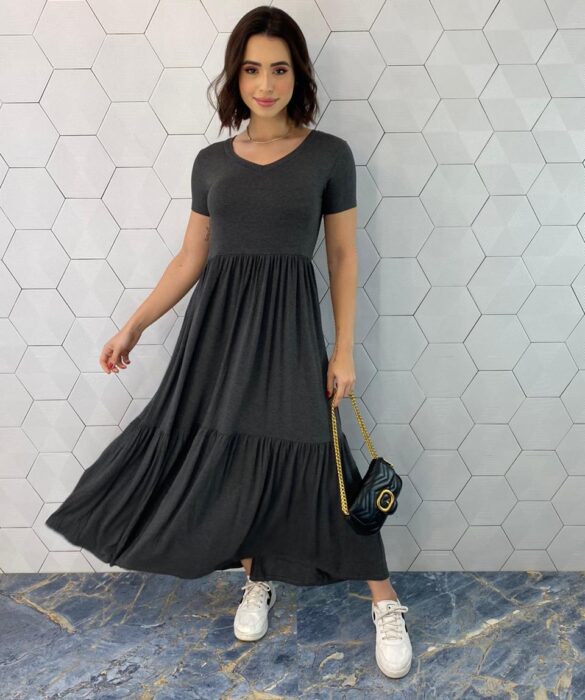 Vestido Midi sem Bojo Manga Curta de Malha Cinza Escuro - Fernanda Ramos Store