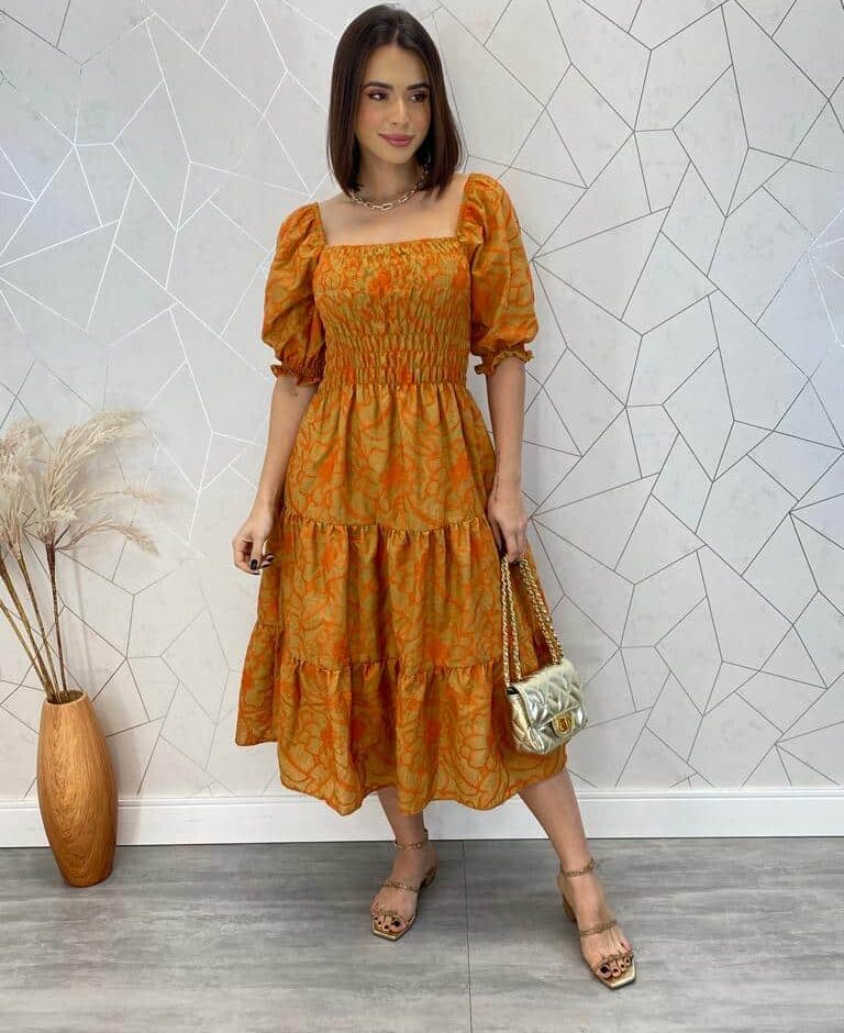 Vestido Midi sem Bojo Tricoline com Lastex Nina Estampa - Fernanda Ramos Store
