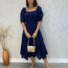 Vestido Midi sem Bojo Tricoline Laise com Lastex Azul Marinho - Fernanda Ramos Store