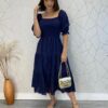 Vestido Midi sem Bojo Tricoline Laise com Lastex Azul Marinho - Fernanda Ramos Store