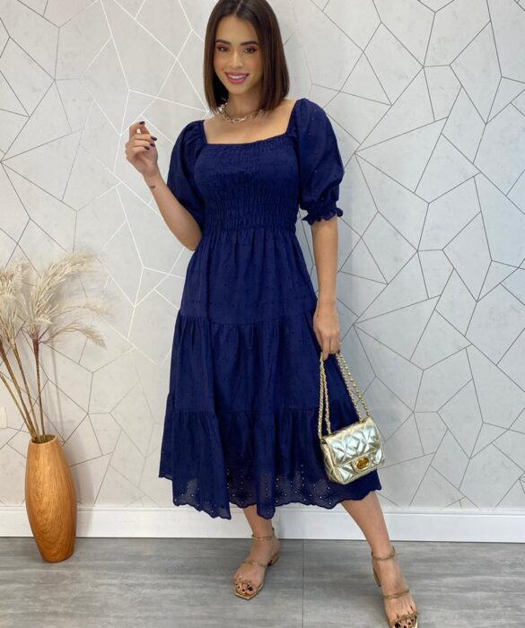 Vestido Midi sem Bojo Tricoline Laise com Lastex Azul Marinho - Fernanda Ramos Store