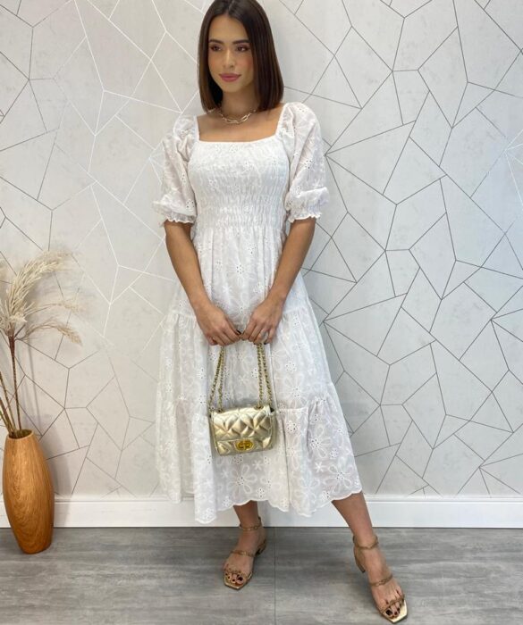 Vestido Midi sem Bojo Tricoline Laise com Lastex Branco - Fernanda Ramos Store