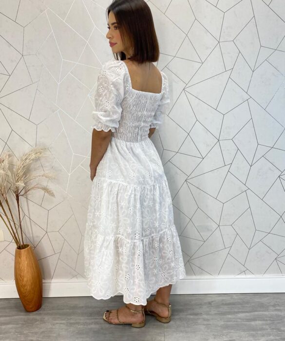 Vestido Midi sem Bojo Tricoline Laise com Lastex Branco - Fernanda Ramos Store