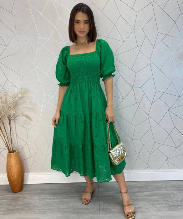 Vestido Midi sem Bojo Tricoline Laise com Lastex Verde - Fernanda Ramos Store