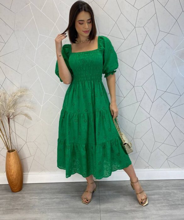 Vestido Midi sem Bojo Tricoline Laise com Lastex Verde - Fernanda Ramos Store