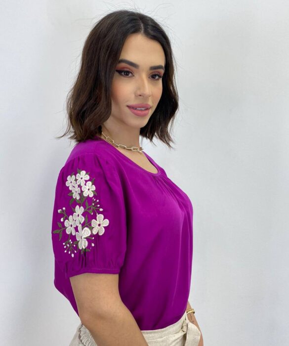 Blusa Feminina Iris Manga Bordada Floral Fúcsia - Fernanda Ramos Store