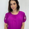 Blusa Feminina Iris Manga Bordada Floral Fúcsia - Fernanda Ramos Store