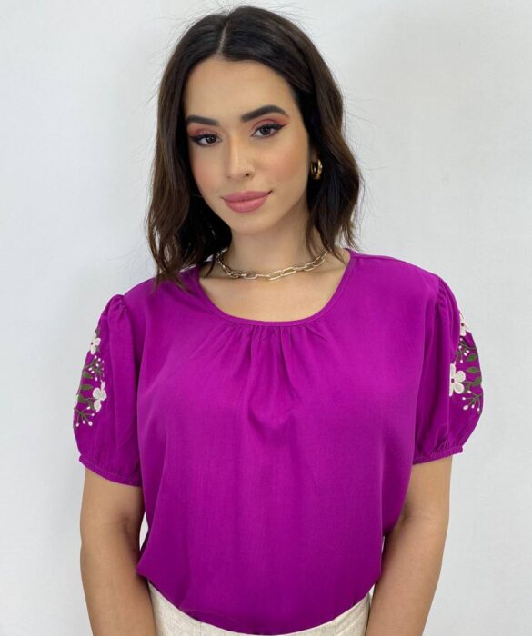 Blusa Feminina Iris Manga Bordada Floral Fúcsia - Fernanda Ramos Store