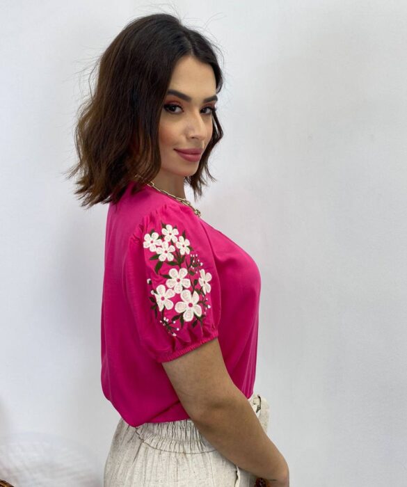 Blusa Feminina Iris Manga Bordada Floral Pink - Fernanda Ramos Store