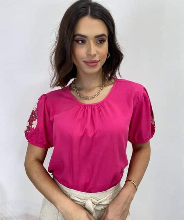 Blusa Feminina Iris Manga Bordada Floral Pink - Fernanda Ramos Store