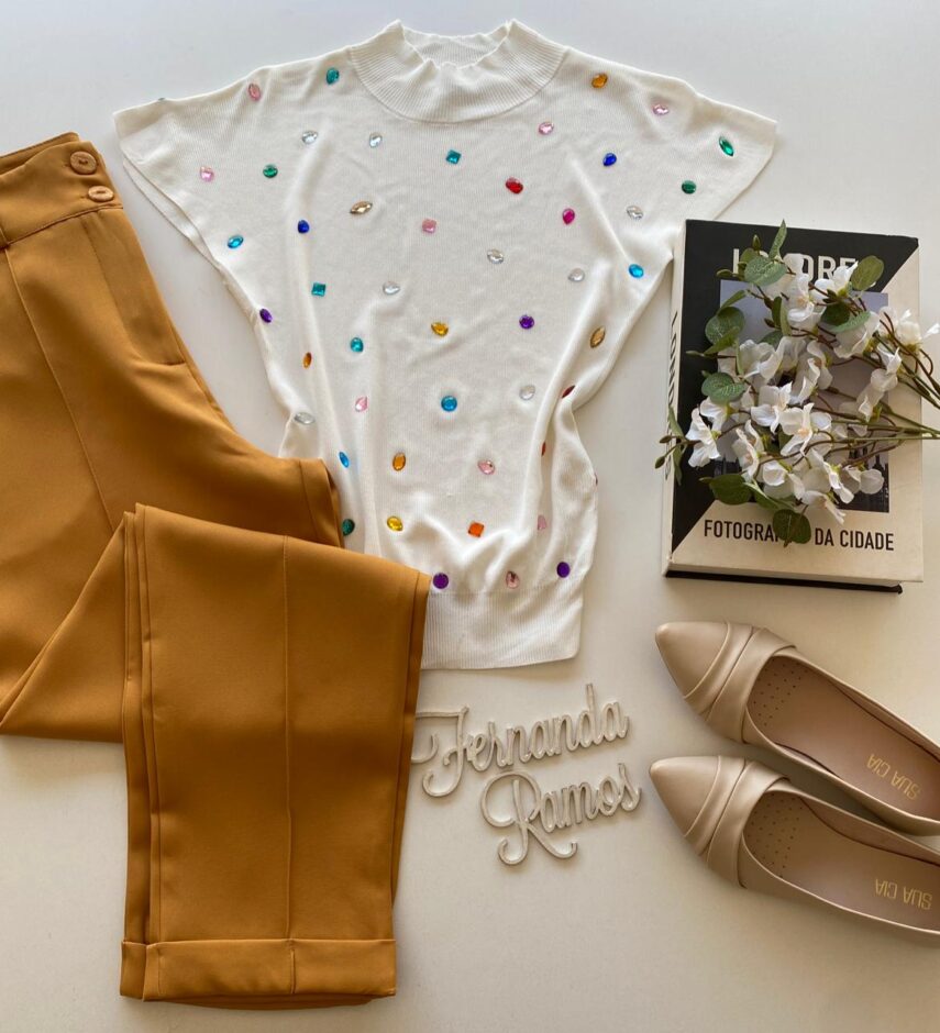 Blusa Feminina Modal Detalhe em Aplicações Branca - Fernanda Ramos Store