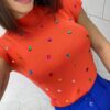 Blusa Feminina Modal Detalhe em Aplicações Laranja - Fernanda Ramos Store