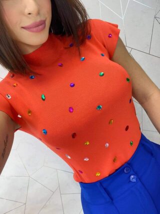 Blusa Feminina Modal Detalhe em Aplicações Laranja - Fernanda Ramos Store