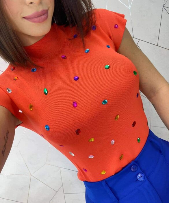 Blusa Feminina Modal Detalhe em Aplicações Laranja - Fernanda Ramos Store