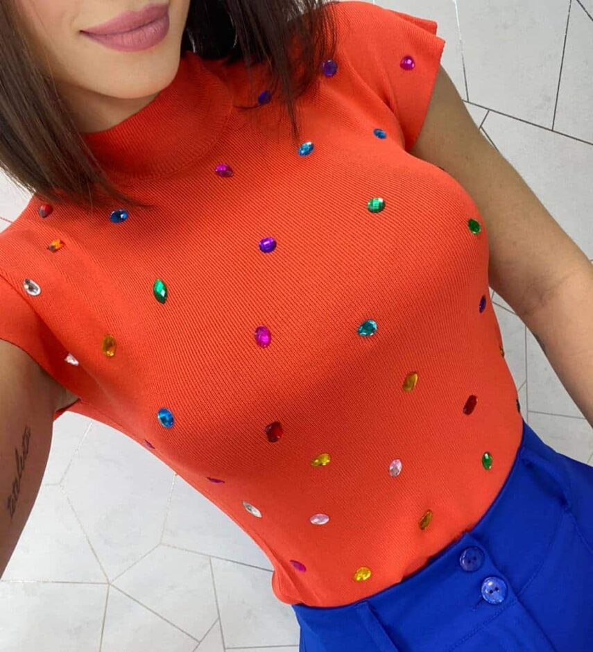 Blusa Feminina Modal Detalhe em Aplicações Laranja - Fernanda Ramos Store