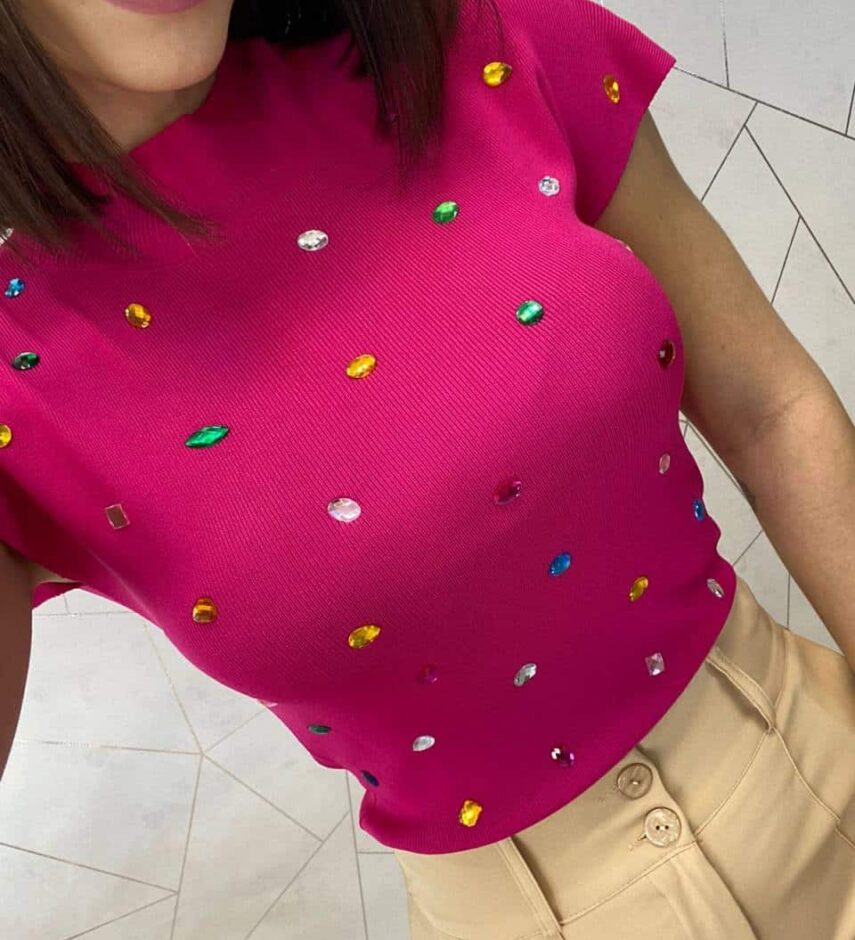 Blusa Feminina Modal Detalhe em Aplicações Pink - Fernanda Ramos Store