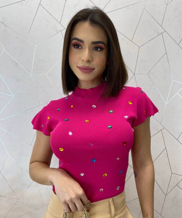 Blusa Feminina Modal Detalhe em Aplicações Pink - Fernanda Ramos Store