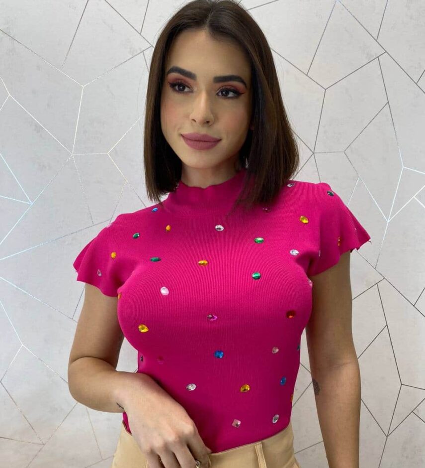 Blusa Feminina Modal Detalhe em Aplicações Pink - Fernanda Ramos Store