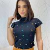 Blusa Feminina Modal Detalhe em Aplicações Preta - Fernanda Ramos Store