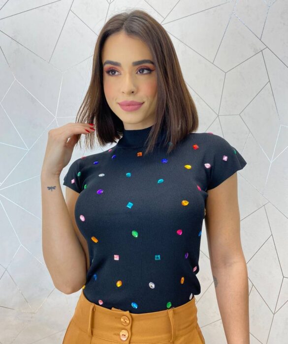 Blusa Feminina Modal Detalhe em Aplicações Preta - Fernanda Ramos Store