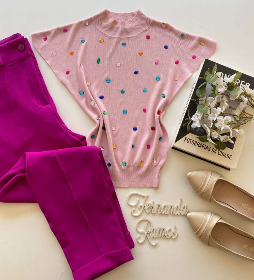 Blusa Feminina Modal Detalhe em Aplicações Rose - Fernanda Ramos Store