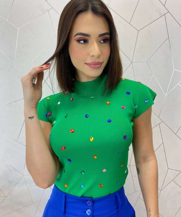 Blusa Feminina Modal Detalhe em Aplicações Verde - Fernanda Ramos Store