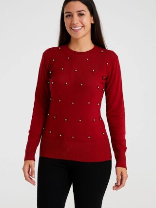 Blusa Feminina Tricot Manga Longa com Perolas Vermelha - Fernanda Ramos Store